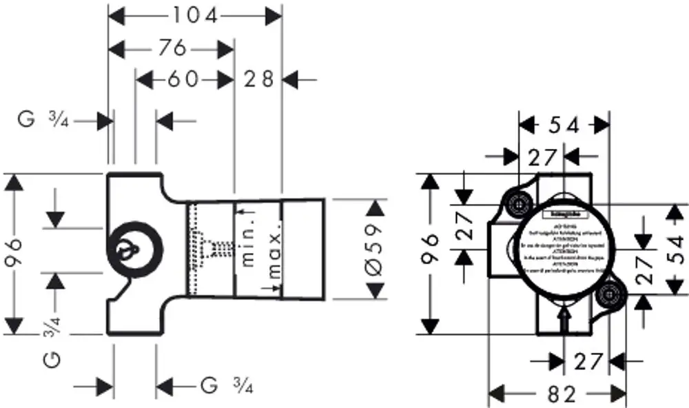 Hansgrohe Unterputz-Element mit Abmessungen und Anschlüssen, dargestellt in technischen Zeichnungen von Seitenansicht und Draufsicht. Maße und Details sind deutlich abgebildet.